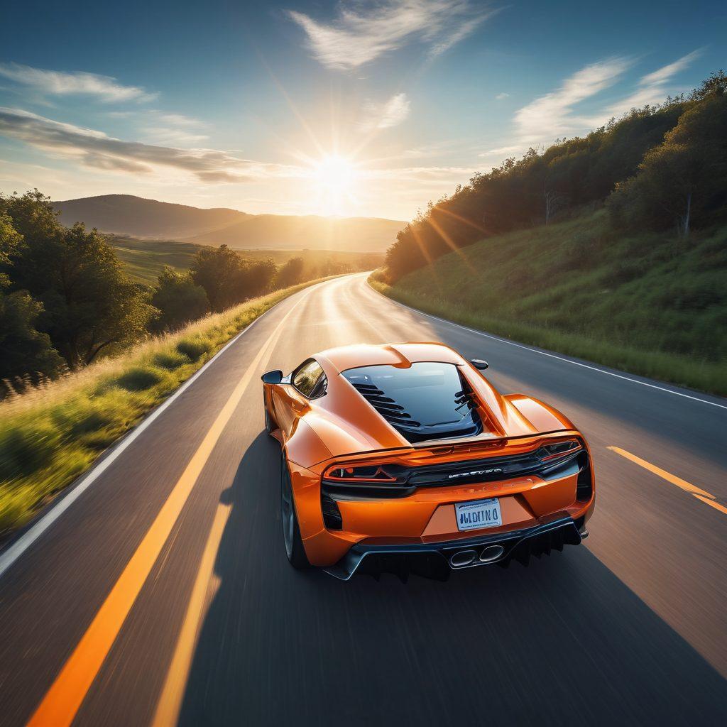 A sleek, powerful car roaring down a sunlit highway, with a Magnaflow exhaust system prominently visible, exuding energy and excitement. Include vibrant colors of blue and orange in the sky, symbolizing joy and freedom. Add dynamic motion lines behind the car to enhance the feeling of speed and performance. Imagine lush green landscapes on either side of the road, embodying happiness and vitality. super-realistic. vibrant colors. 3D.