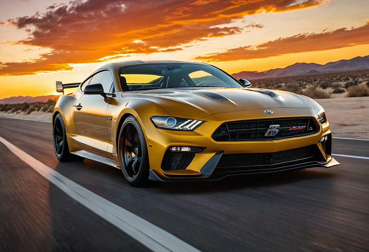 A dynamic scene showcasing a sleek, high-performance car with Magnaflow exhaust upgrades, roaring on an open highway. Include visual elements like speed lines and a vibrant sunset in the background, symbolizing excitement and elevation. Highlight engine components subtly in the foreground for a technical appeal. The image exudes energy and motion, inviting the viewer to feel the thrill of performance upgrades. vibrant colors. super-realistic. dynamic perspective.