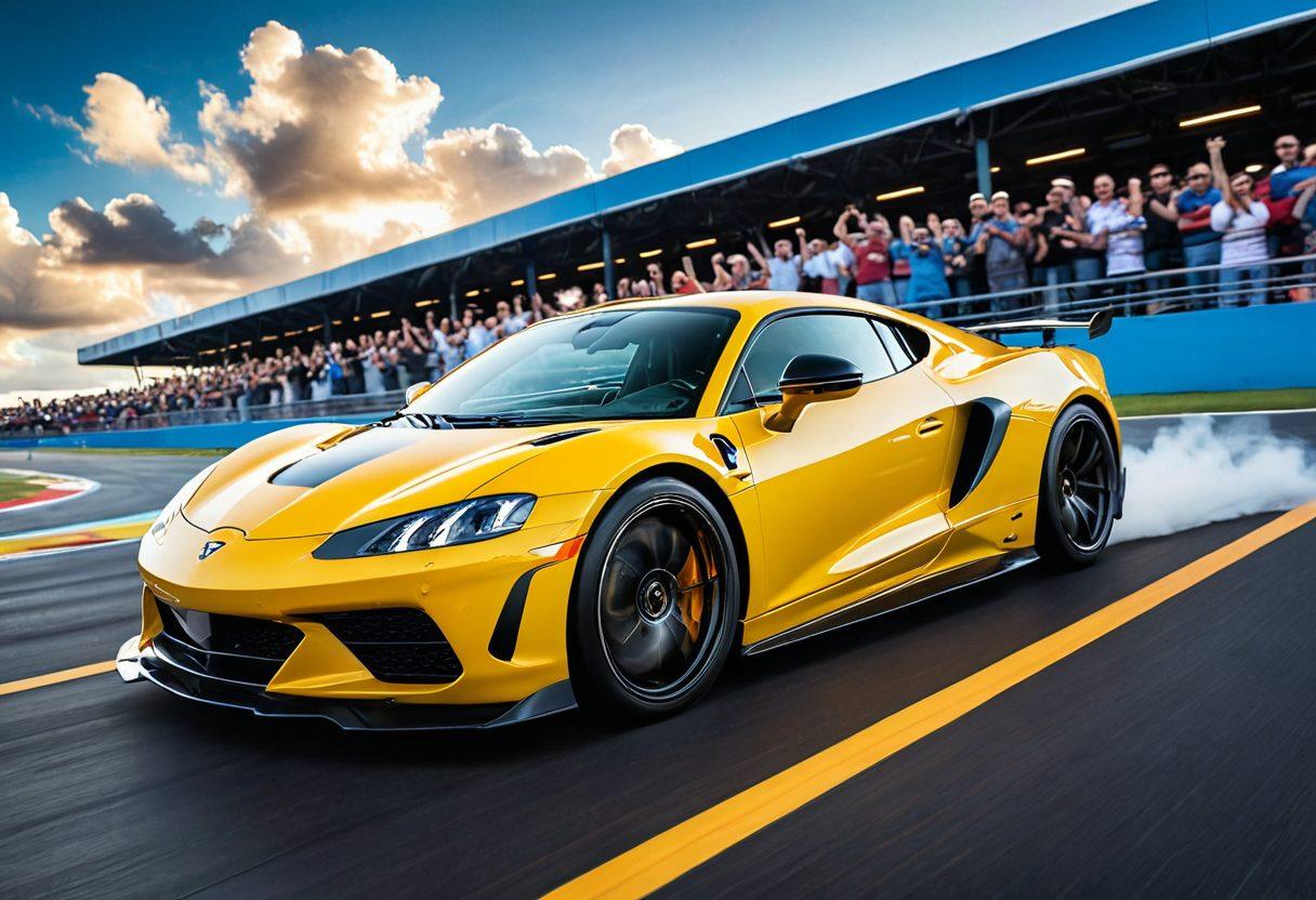 A dynamic scene showcasing a high-performance car with an intricate exhaust system, releasing vibrant colors representing the joy and exhilaration of a powerful engine. Surround the car with happy, excited people giving thumbs up, symbolizing positive feelings. Include a backdrop of a racetrack, with motion blur to denote speed, and rays of sunshine breaking through clouds for an uplifting atmosphere. super-realistic. vibrant colors. 3D.